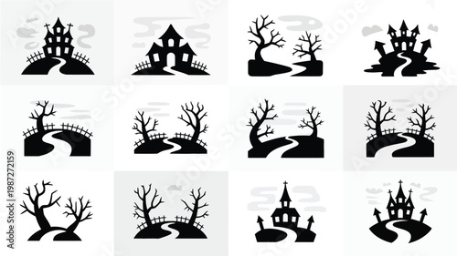Minimalist silhouette collection of spooky landscapes featuring bare trees haunted houses and eerie bridges set against a muted sky background
