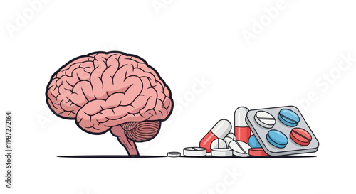 Brain, medication, pills, and capsules, mental health, psychology, vector illustration