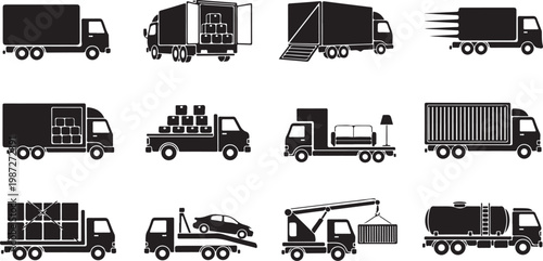 Various truck and lorry types for logistics and delivery services transportation icons.