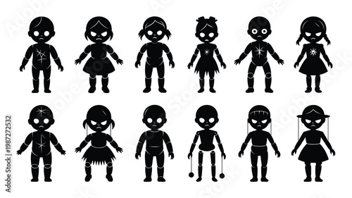 Silhouettes of twelve stylized girls in minimalist black figure designs posing in fashionable outfits against a clean white background