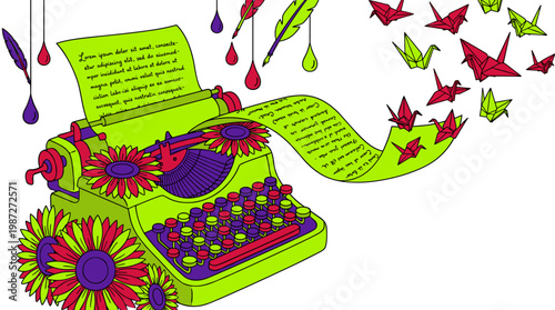 Antique Typewriter With Sunflower Keys And Floating Origami Cranes Paper Pop Surrealism Flat Illustration Bold Outlines
