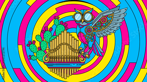 Mechanical Owl Perched on Floating Pipe Organ and Cacti Pop Surrealism Flat Illustration with Bold Outlines