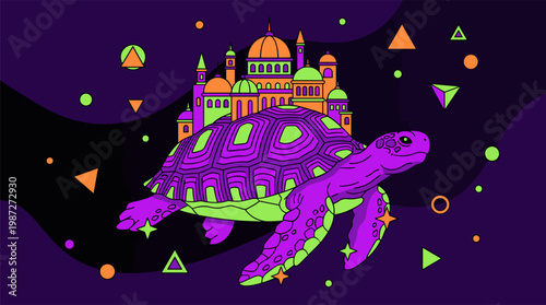 Giant Tortoise Carrying Ornate Geometric City Pop Surrealism Flat Illustration with Bold Outlines