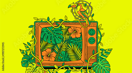 Retro Television Set Growing Tropical Jungle with Toucan and Vines Pop Surrealism Flat Illustration with Bold Outlines