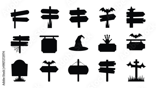 Collection of halloween themed vector signs with bats witches and spooky graveyard symbols in bold black silhouettes