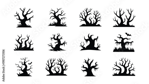 Set of spooky twisted black trees with minimalist design isolated on white background perfect for halloween or eerie projects
