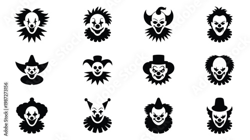 Set of twelve eerie black and white clown skull faces with varied expressions and costumes creepy circus theme with haunting vibes