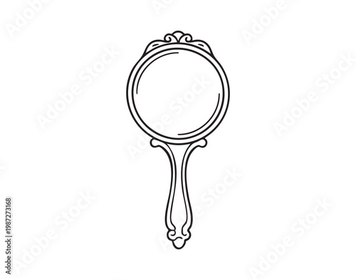 Ornate hand mirror with decorative frame, delicate line drawing of round glass and embellished handle, evokes vintage beauty, grooming and dressing table scenes, ideal for cosmetic, fashion and retro