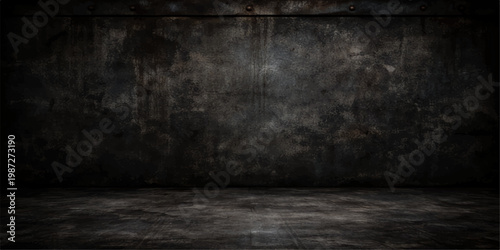 An empty dark room features an aged concrete wall with a vintage grunge texture and a dirty gray cement floor to create a moody interior backdrop
