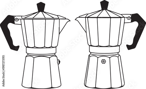 Moka pot coffee maker technical drawing showing front and side perspectives of traditional italian espresso brewing tool on background.