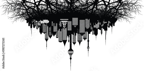 Inverted city merging with tree roots symbolizing nature urban balance conflict 