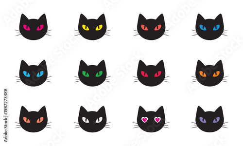 Diverse Black Cat Heads with Vibrant Eyes Vector Set Cute Cartoon Feline Icons for Pets and Halloween