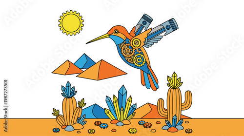 Mechanical Hummingbird and Clockwork Desert Scene Pop Surrealism Flat Illustration with Bold Outlines