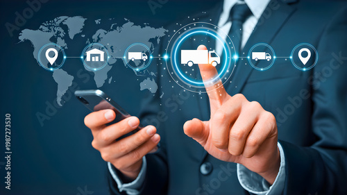 Innovative digital solutions for global supply chain management, showcasing efficient logistics, worldwide delivery, and smart tracking technology on a virtual interface