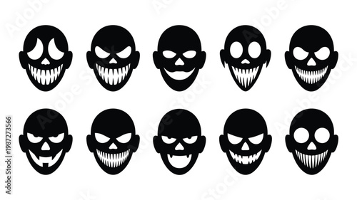 Ten black and white eerie skull faces showing varied expressions of horror fear and evil suitable for halloween or spooky designs isolated on a clean background
