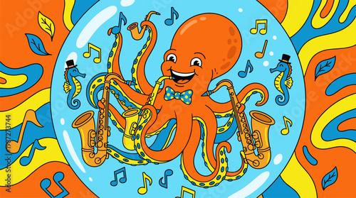 Octopus Jazz Musician Playing Saxophones Underwater in Bubble Pop Surrealism Flat Illustration with Bold Outlines