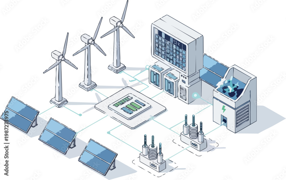 Obraz premium Isometric Illustration of a Smart Renewable Energy Grid with Solar Panels, Wind Turbines, and Power Management Systems for Sustainable Technology Solutions