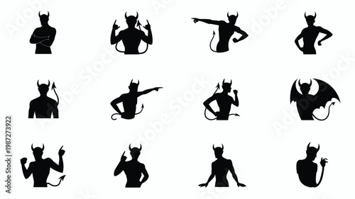 Silhouettes of mythical devil figures in various dynamic poses including standing crouching and stretching isolated on a clean white background