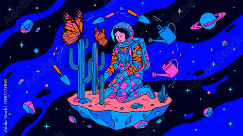 Astronaut Gardening Butterfly Cacti on Floating Asteroid Pop Surrealism Flat Illustration with Bold Outlines