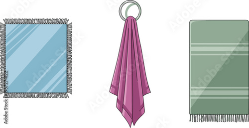 Bathroom Towel Set Illustration with Hanging, Folded, and Decorative Textile Towels Featuring Fringe and Stripe Details for Home, Spa, and Interior Design