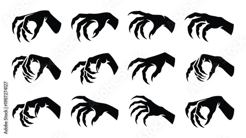Set of 15 isolated black claw silhouettes with sharp curved talons in dynamic poses ideal for horror fantasy or halloween designs
