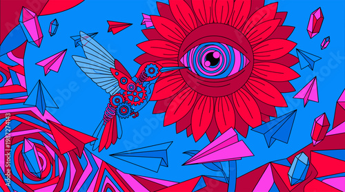 Mechanical Clockwork Hummingbird and Giant Eye Sunflower Pop Surrealism Flat Illustration with Bold Outlines