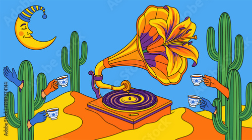Surreal Vintage Gramophone on Sand Dune with Galaxy Record Pop Surrealism Flat Illustration with Bold Outlines