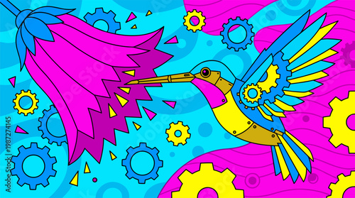Mechanical Hummingbird Sipping Nectar From Geometric Flower Pop Surrealism Flat Illustration With Bold Outlines