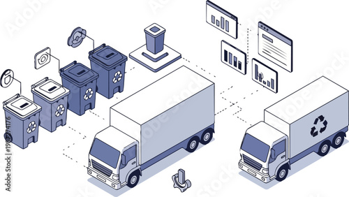 Isometric Smart Waste Management and Recycling Logistics System with IoT Sensors, Garbage Trucks, and Data Analytics Dashboard