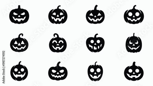 Black silhouettes of twelve halloween pumpkins with scary and playful faces on a white background for halloween celebration