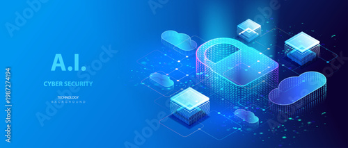 Isometric concept of cyber security. Data center secure with padlock and clouds vector design. Technology protection of system privacy on blue background.