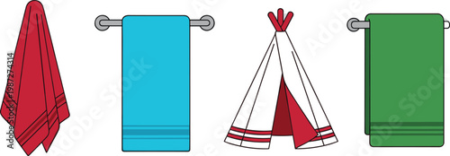 Bathroom Towel Vector Illustration Set with Hanging Cloth on Rack, Folded Fabric, and Minimal Home Textile Elements for Laundry and Hygiene Design