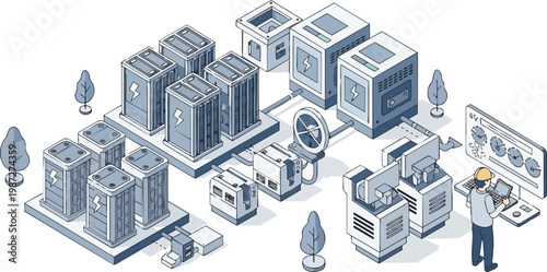 Isometric Illustration of a Modern Battery Energy Storage System (BESS) with Engineer Monitoring Smart Grid Operations and Power Management Infrastructure