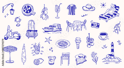 summer vibes icon activity doodle hand drawn vector collection set