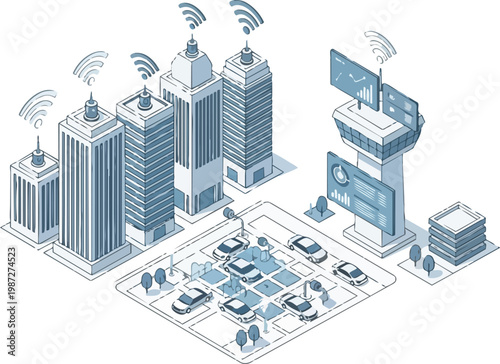 Smart City Isometric Line Art Illustration: Connected Urban Infrastructure, Autonomous Vehicles, IoT Technology, and Big Data Visualization for Future City Planning