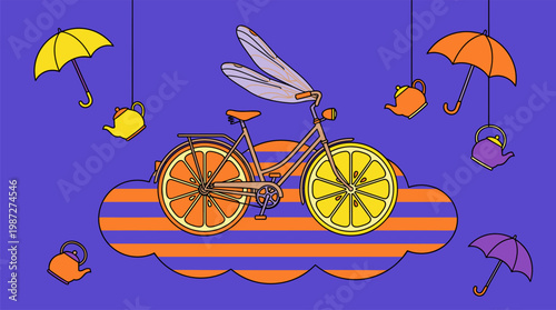 Vintage Bicycle With Fruit Slice Wheels Pop Surrealism Flat Illustration With Bold Outlines