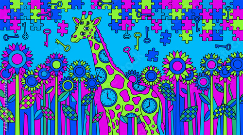 Multi-Eyed Giraffe with Clock Face Spots and Jigsaw Puzzle Sky Pop Surrealism Flat Illustration with Bold Outlines