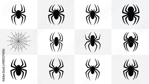 Black spider silhouettes and web symbols collection for halloween or horror designs bold and minimalist style isolated on white background