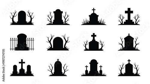 Collection of black and white tombstone silhouettes with crosses fences and bare trees in a graveyard setting ideal for halloween or gothic themes