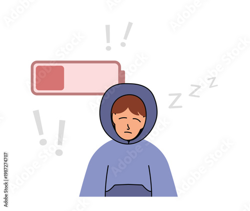 Tired man in hoodie with low battery icon. Exhausted character feeling sleepy and drained. Concept of burnout, fatigue and low energy flat design vector illustration.