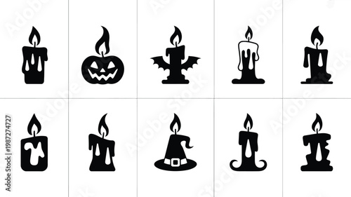 Halloween themed black and white silhouettes of candles pumpkins and bats minimalist design vector icons for holiday decoration