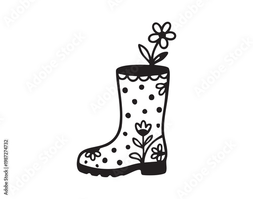 Charming garden decoration. Whimsical porch ornament featuring painted boot with spring blossoms. Decorative planter in form of rubber rain boot with vibrant flowers perfect for outdoor charm