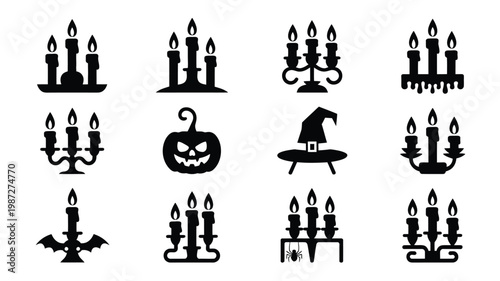 Set of halloween themed silhouette icons featuring candelabras jack o' lantern with carved face witch on broomstick and spooky bat motifs in a minimalist black style
