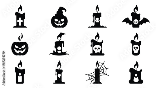 Set of halloween themed candles with spooky designs including skulls pumpkins bats and spiders illustrated in black and white for holiday decor