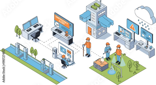 Isometric Smart Flood Monitoring and Emergency Alert System with Real-Time Water Sensors, Disaster Management Control Center, and IoT Infrastructure for Urban Safety