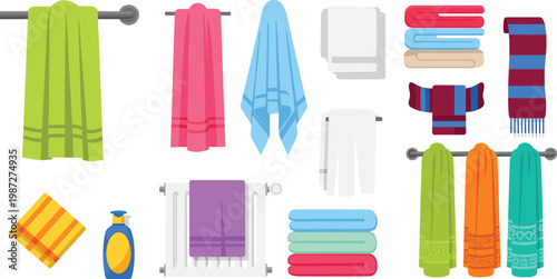 Bathroom Towels and Accessories Vector Set with Hanging Cloth, Folded Linen Stacks, Rack Display, and Laundry Essentials for Home Hygiene Illustration