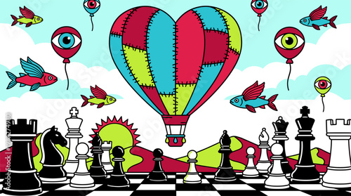 Patchwork Heart Hot Air Balloon Over Chess Desert Pop Surrealism Flat Illustration with Bold Outlines