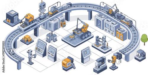 Isometric Smart Factory Automation Concept with Industrial Robots, Conveyor Tracks, and Assembly Line Illustration