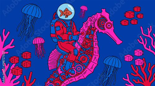 Surreal Deep Sea Explorer Riding A Seahorse Pop Surrealism Flat Illustration With Bold Outlines And Vibrant Colors