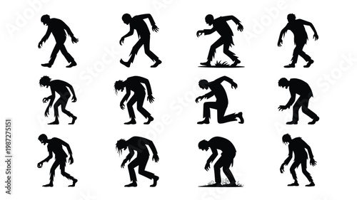 Silhouettes of people in various dynamic running poses showcasing motion and athleticism in a minimalist black and white vector style perfect for fitness or sports themed designs
